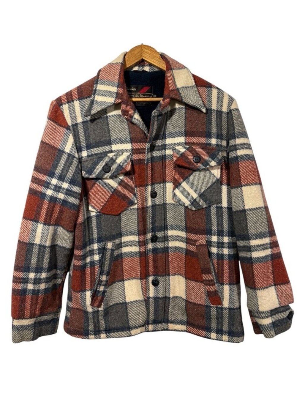 Vtg Sears Mens CPO Plaid Flannel Jacket Coat Button Up Fleece Lined 36 Sz Small